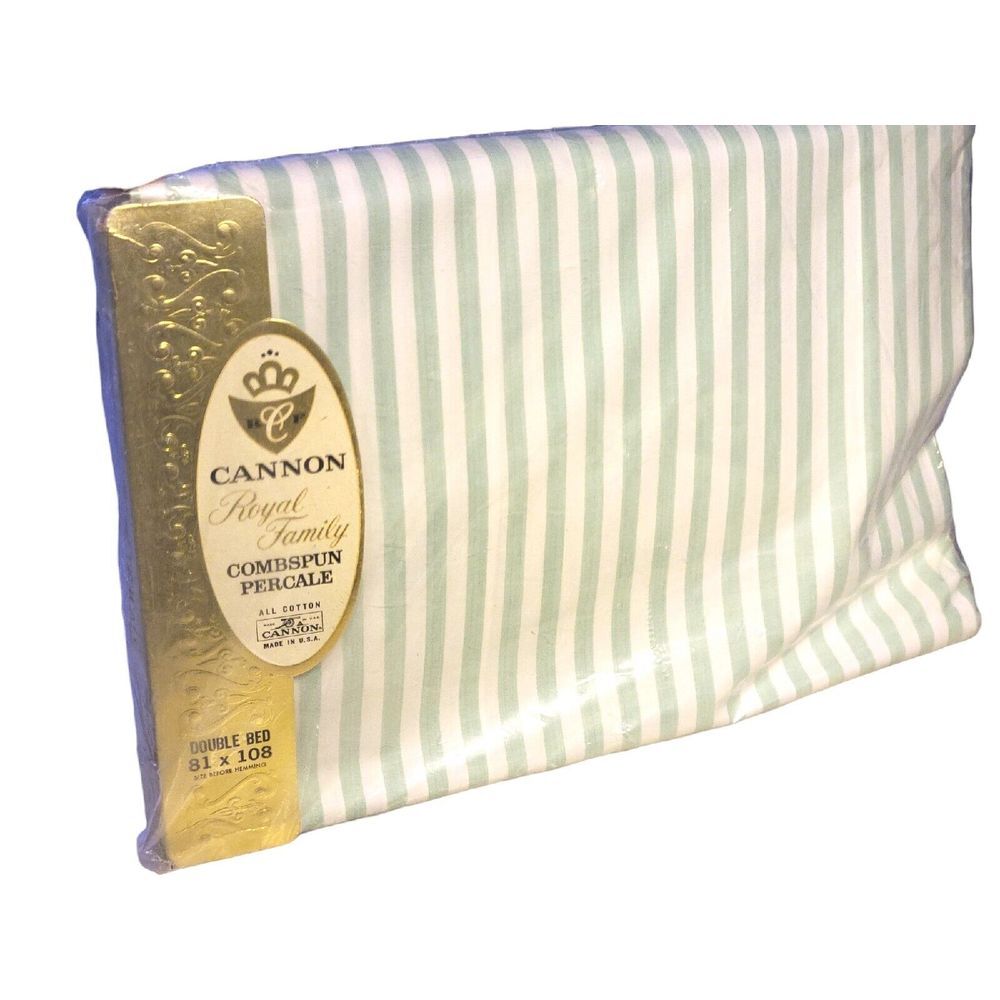 New‎ Vintage Cannon Green & White Striped Combspun Percale Double Bed Flat Sheet
